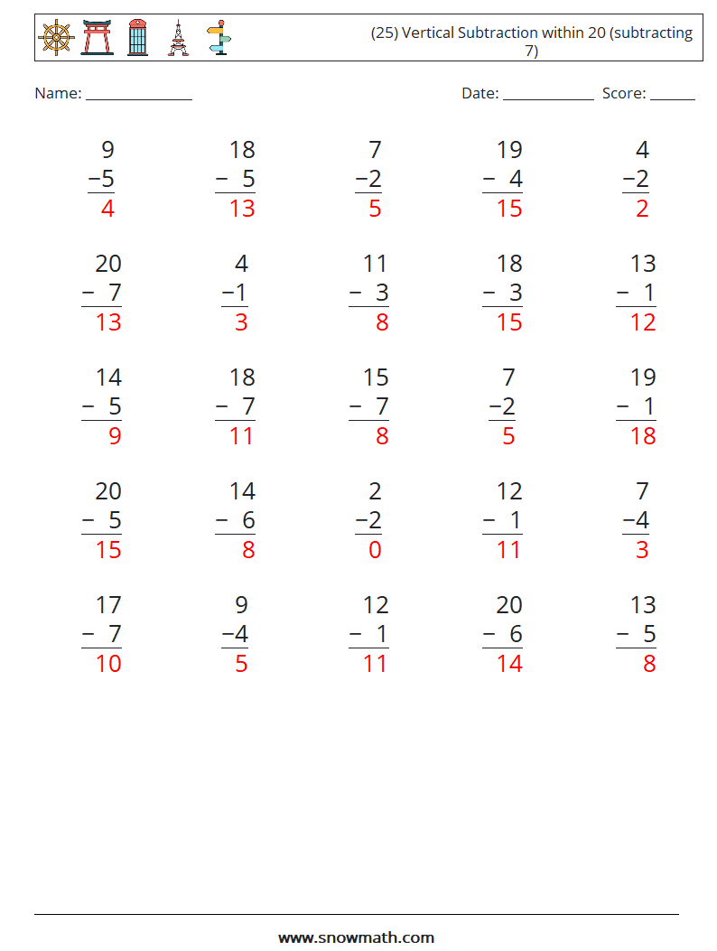 (25) Vertical Subtraction within 20 (subtracting 7) Math Worksheets 1 Question, Answer