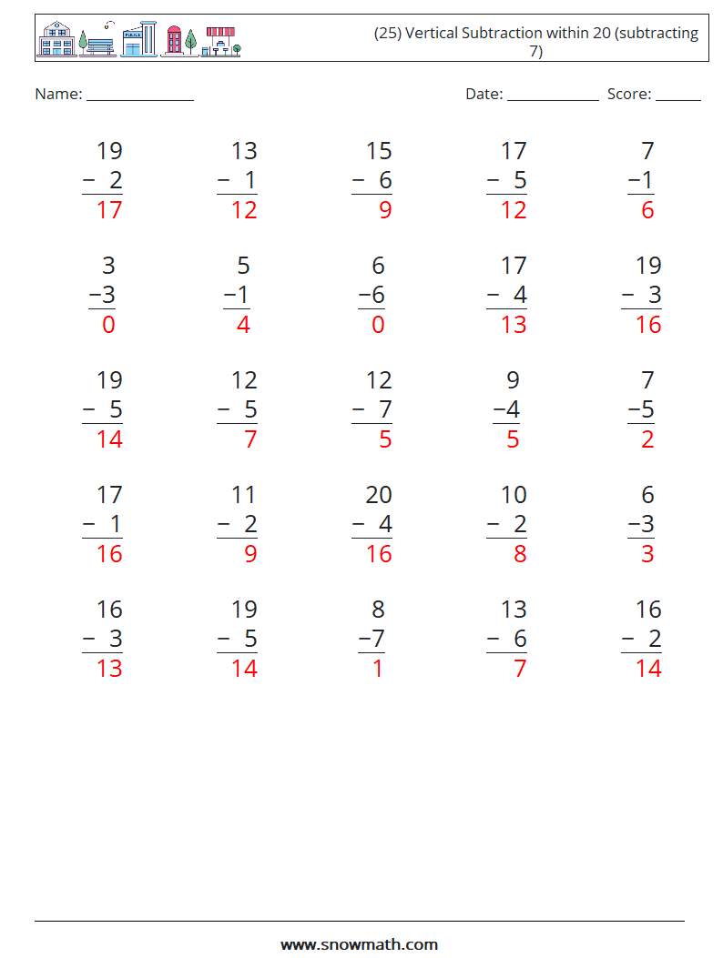 (25) Vertical Subtraction within 20 (subtracting 7) Math Worksheets 2 Question, Answer