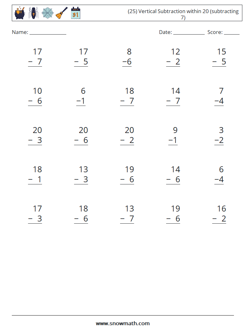 (25) Vertical Subtraction within 20 (subtracting 7) Maths Worksheets 3