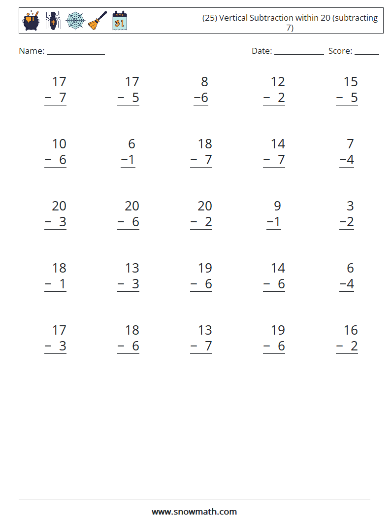 (25) Vertical Subtraction within 20 (subtracting 7) Math Worksheets 3