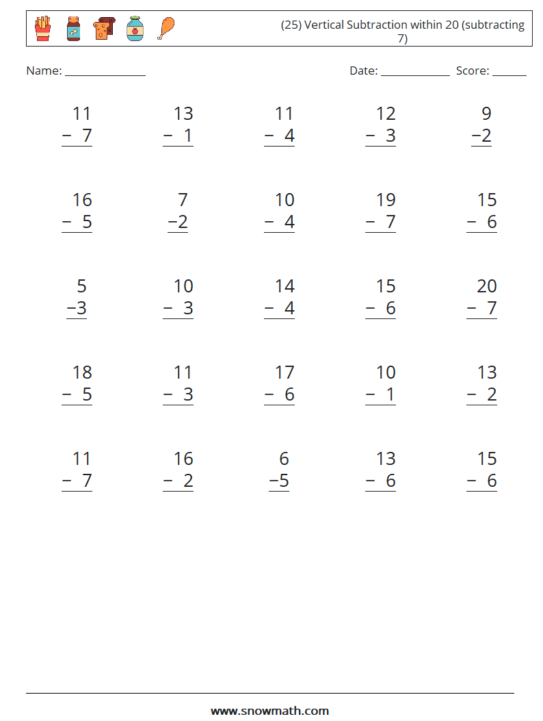 (25) Vertical Subtraction within 20 (subtracting 7) Math Worksheets 4
