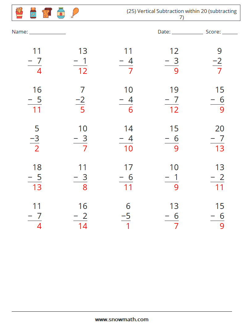 (25) Vertical Subtraction within 20 (subtracting 7) Math Worksheets 4 Question, Answer