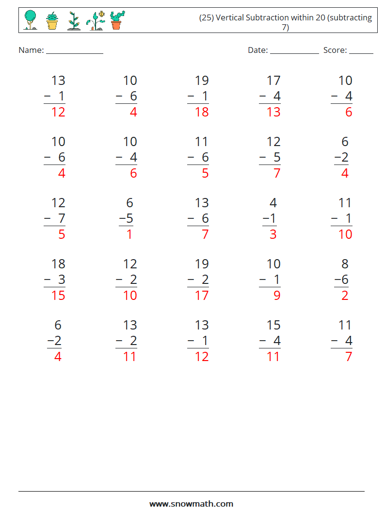 (25) Vertical Subtraction within 20 (subtracting 7) Math Worksheets 5 Question, Answer