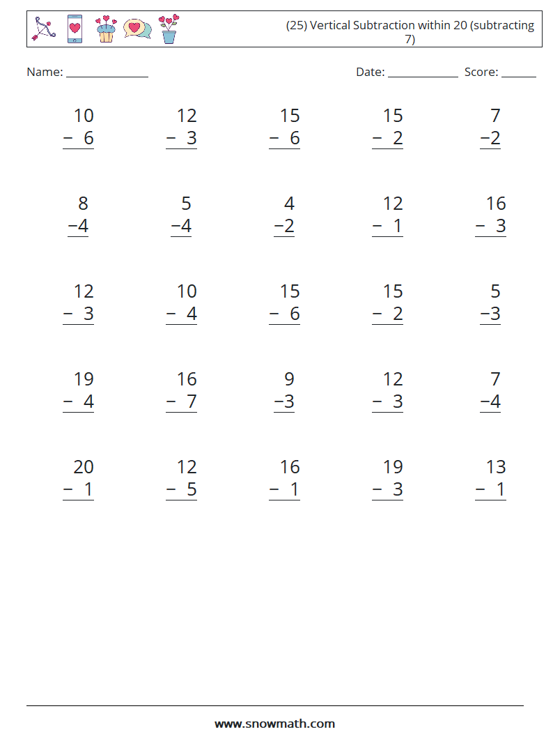 (25) Vertical Subtraction within 20 (subtracting 7) Math Worksheets 6