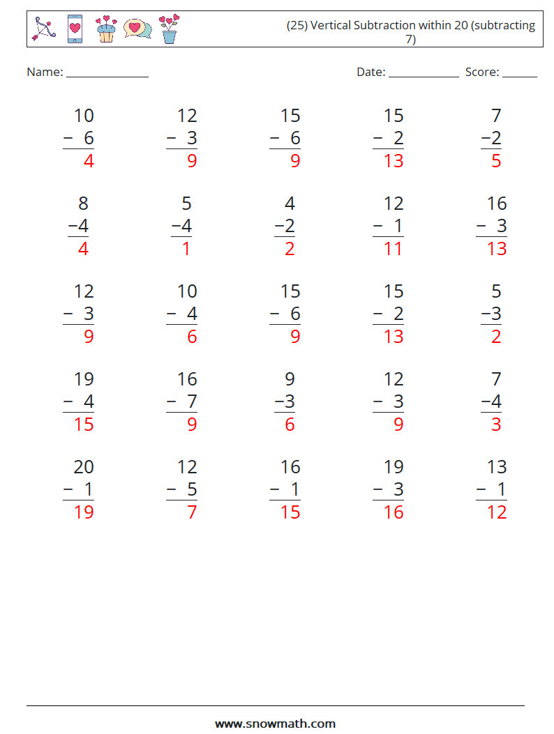 (25) Vertical Subtraction within 20 (subtracting 7) Math Worksheets 6 Question, Answer