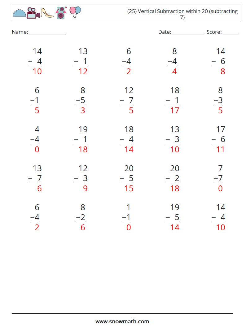 (25) Vertical Subtraction within 20 (subtracting 7) Math Worksheets 7 Question, Answer