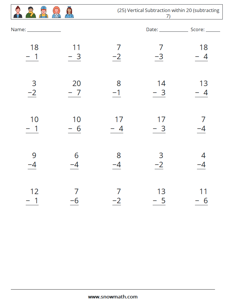 (25) Vertical Subtraction within 20 (subtracting 7) Math Worksheets 8