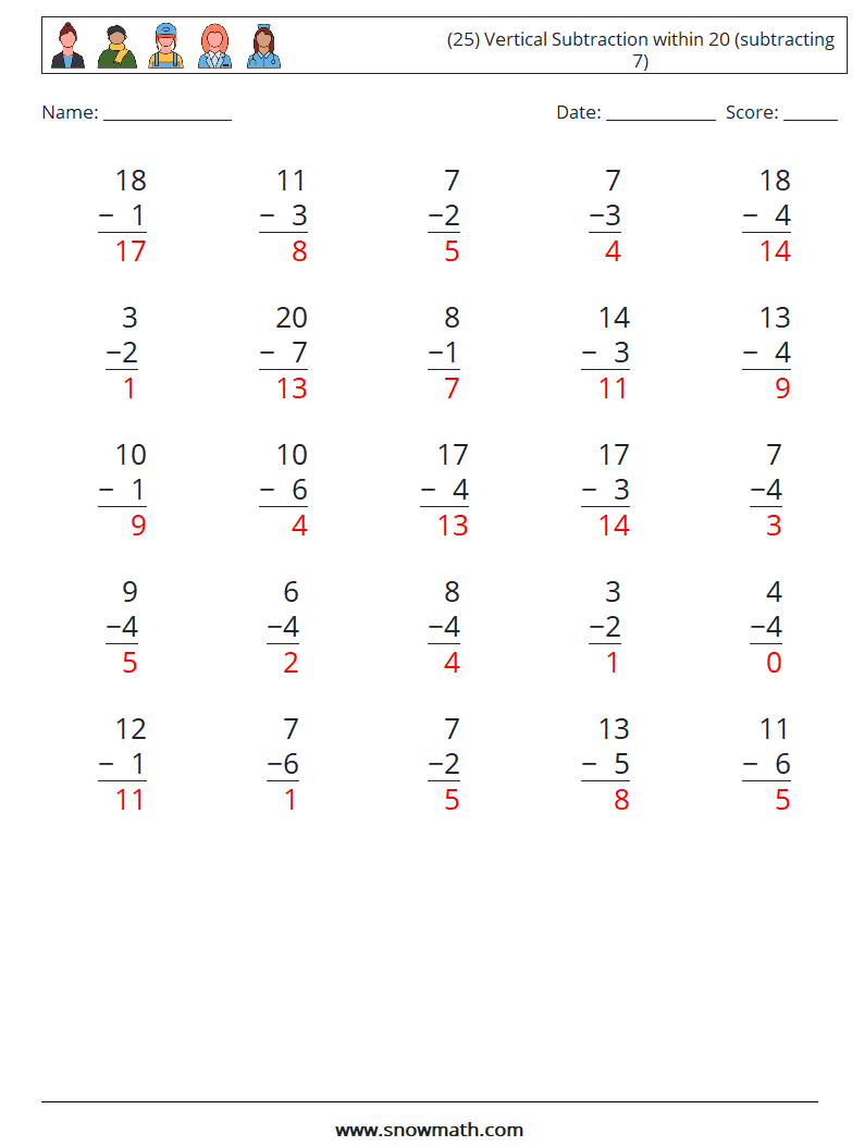 (25) Vertical Subtraction within 20 (subtracting 7) Math Worksheets 8 Question, Answer