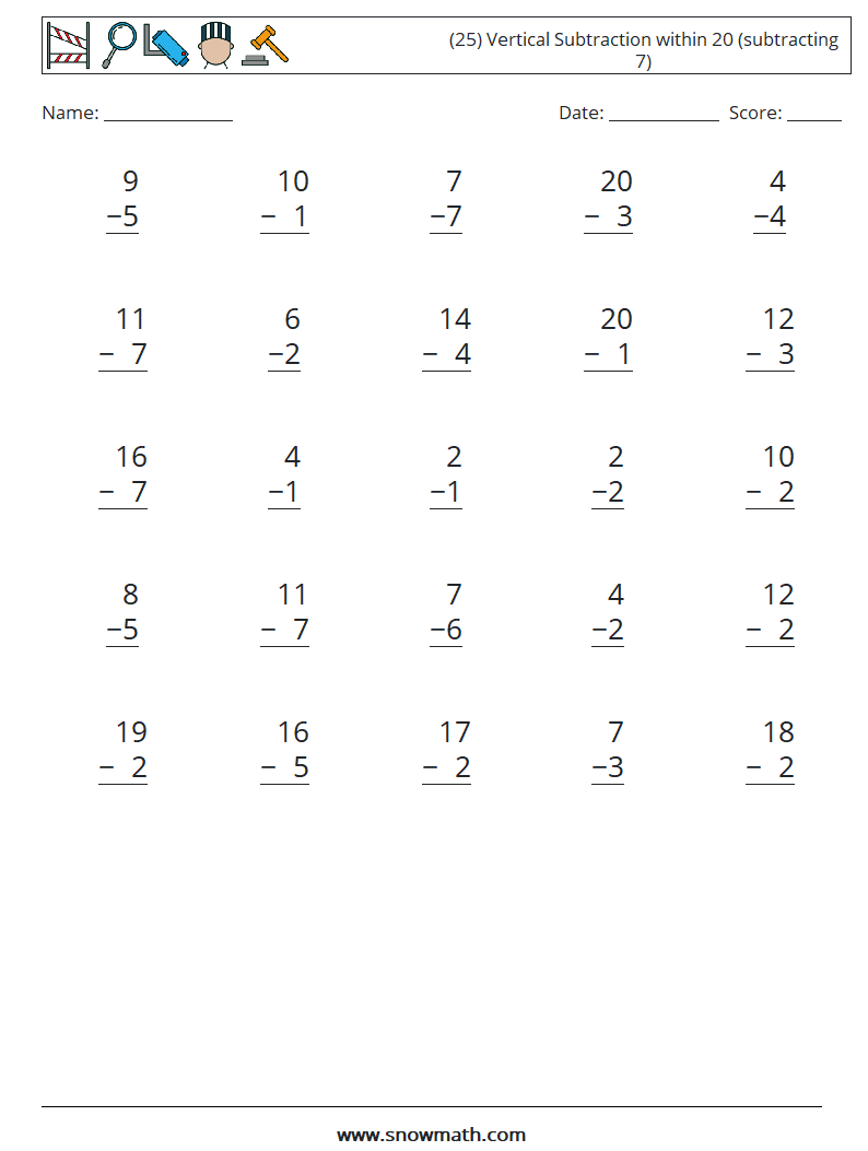 (25) Vertical Subtraction within 20 (subtracting 7) Math Worksheets 9