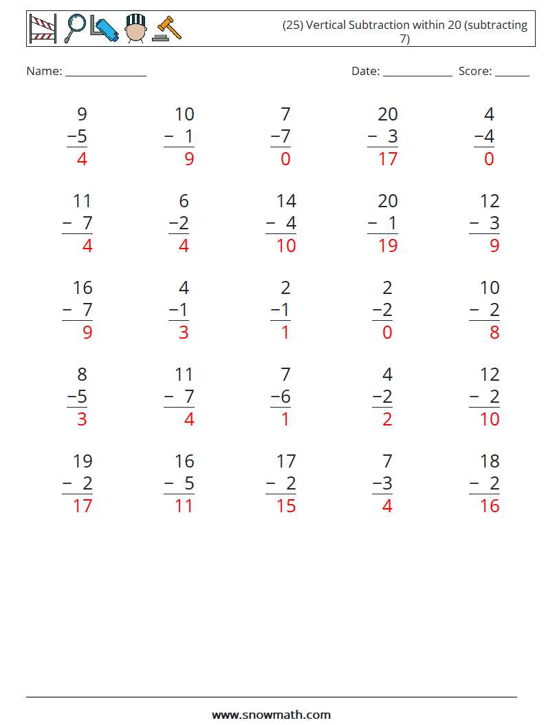 (25) Vertical Subtraction within 20 (subtracting 7) Math Worksheets 9 Question, Answer