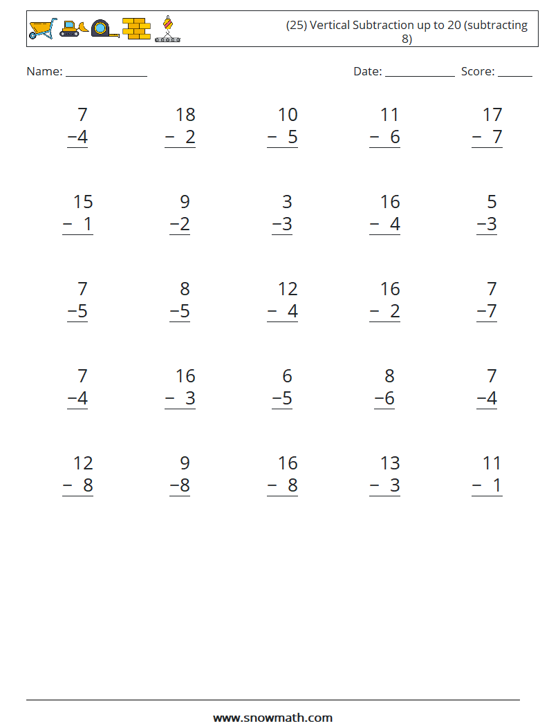 (25) Vertical Subtraction up to 20 (subtracting 8) Math Worksheets 1