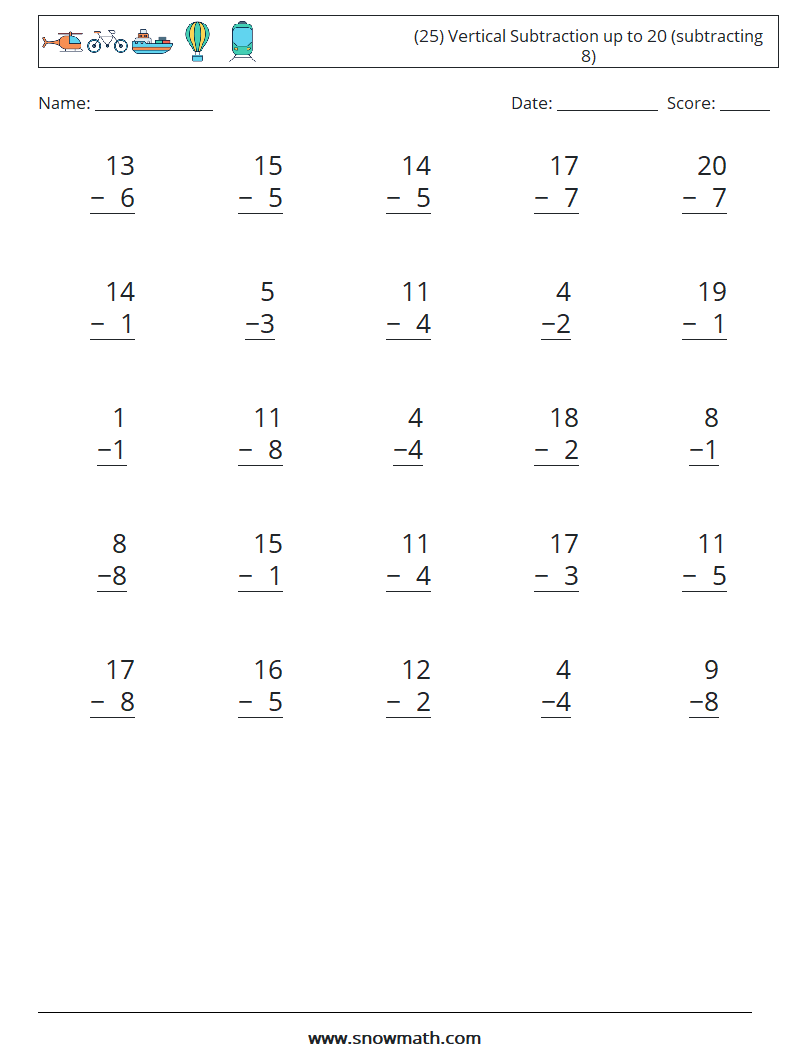 (25) Vertical Subtraction up to 20 (subtracting 8) Maths Worksheets 10