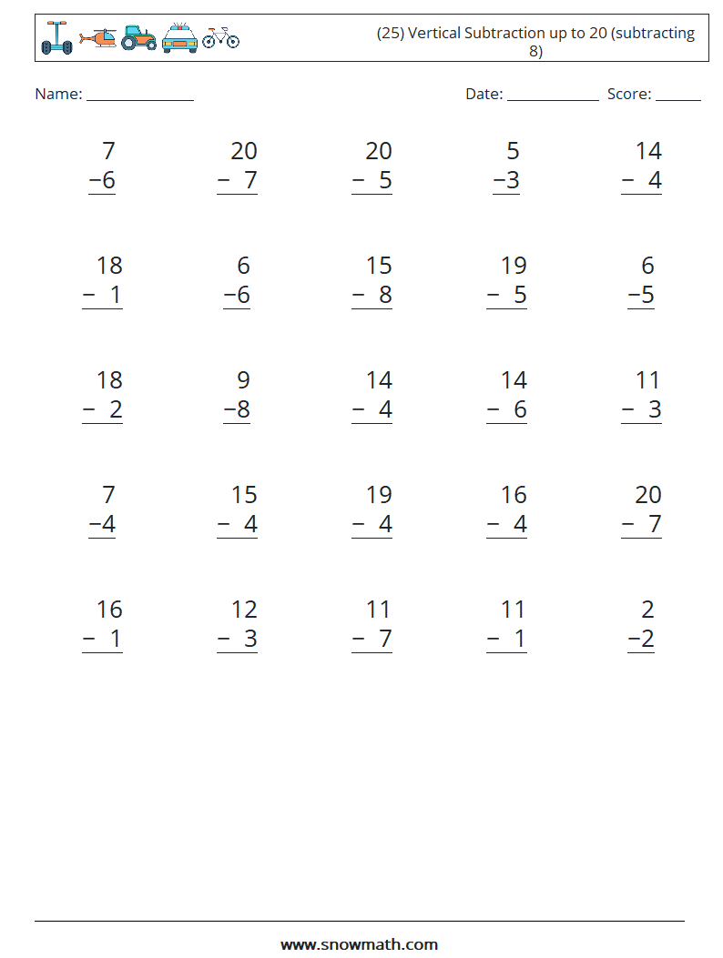 (25) Vertical Subtraction up to 20 (subtracting 8) Math Worksheets 11