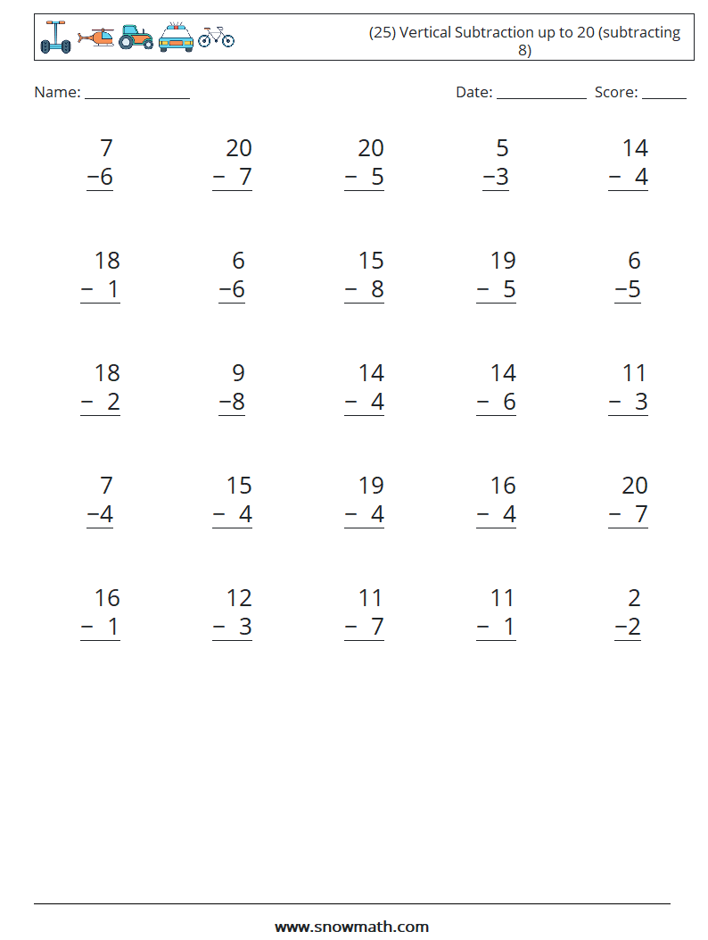 (25) Vertical Subtraction up to 20 (subtracting 8) Maths Worksheets 11