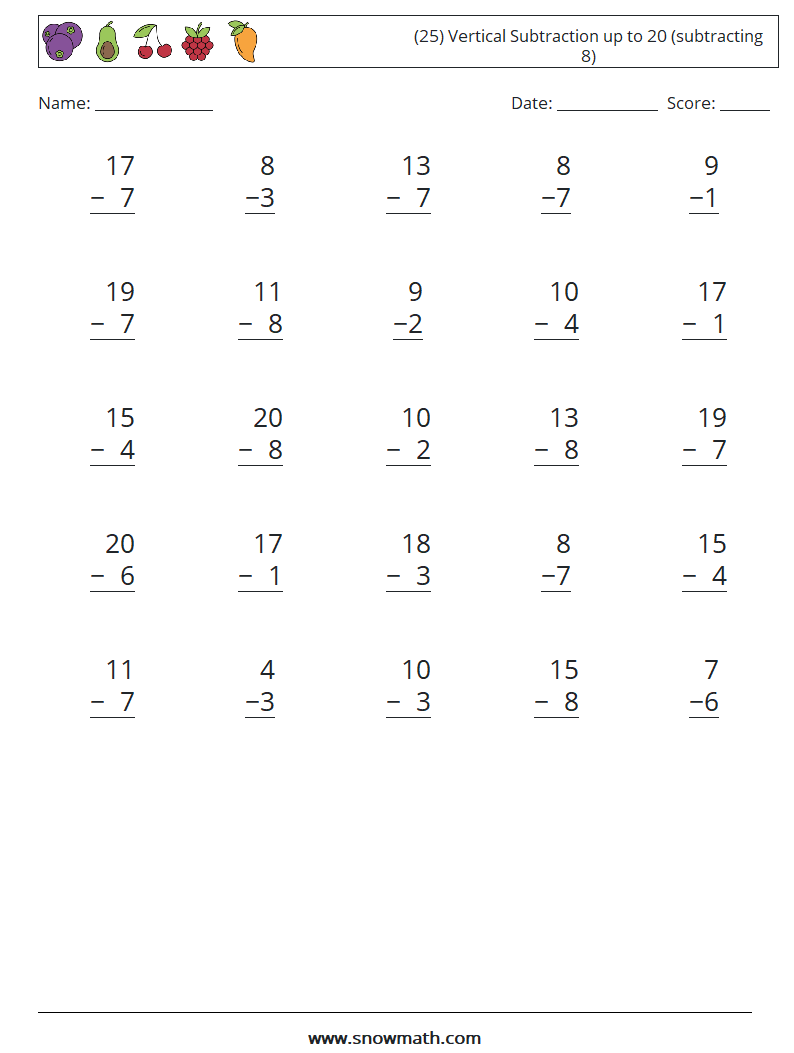 (25) Vertical Subtraction up to 20 (subtracting 8) Math Worksheets 12
