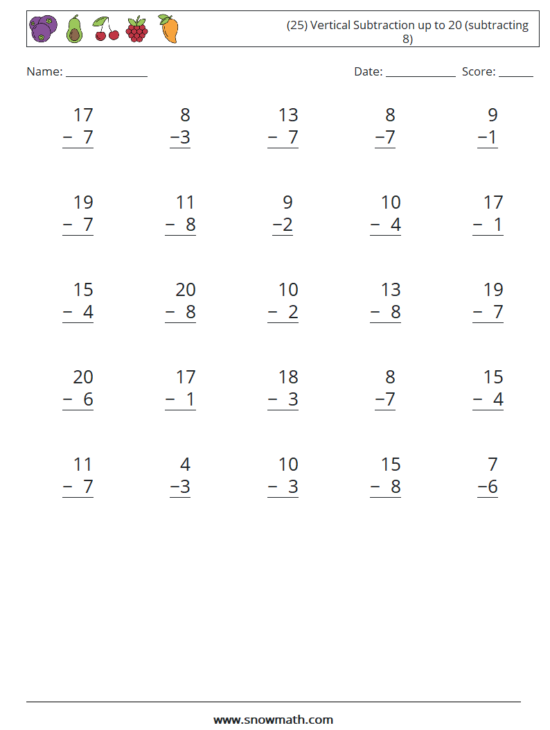 (25) Vertical Subtraction up to 20 (subtracting 8) Maths Worksheets 12