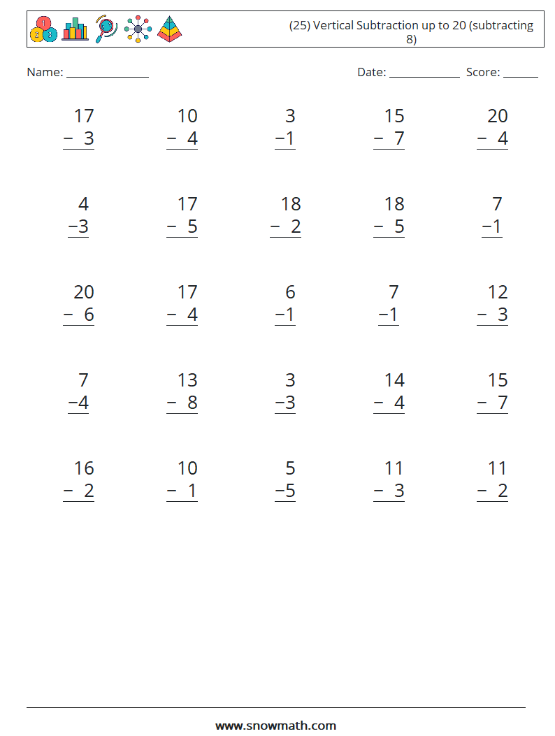 (25) Vertical Subtraction up to 20 (subtracting 8) Math Worksheets 13