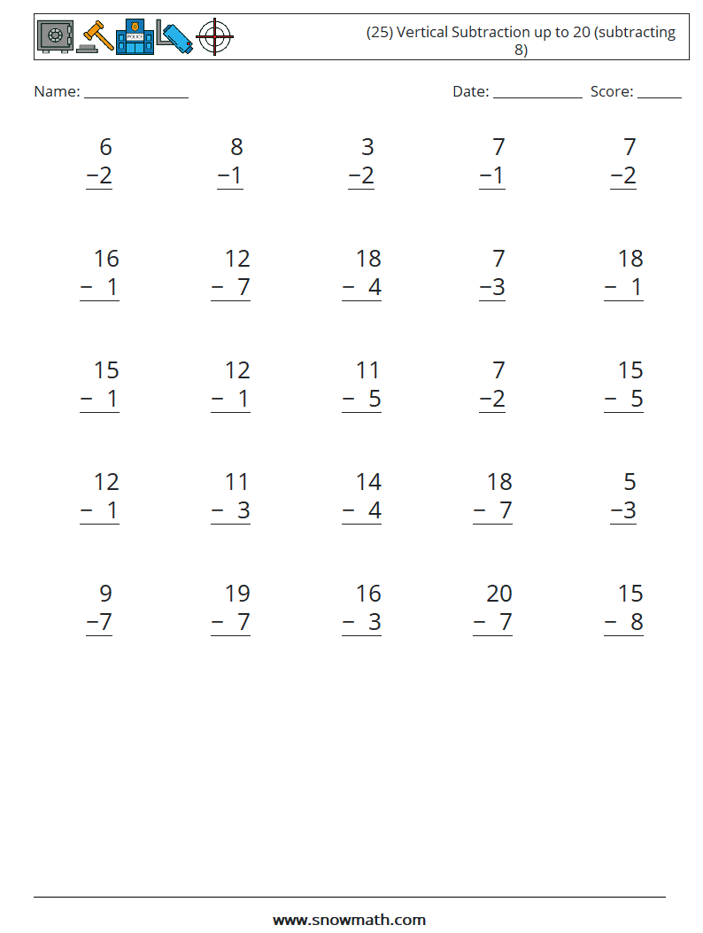 (25) Vertical Subtraction up to 20 (subtracting 8) Math Worksheets 14