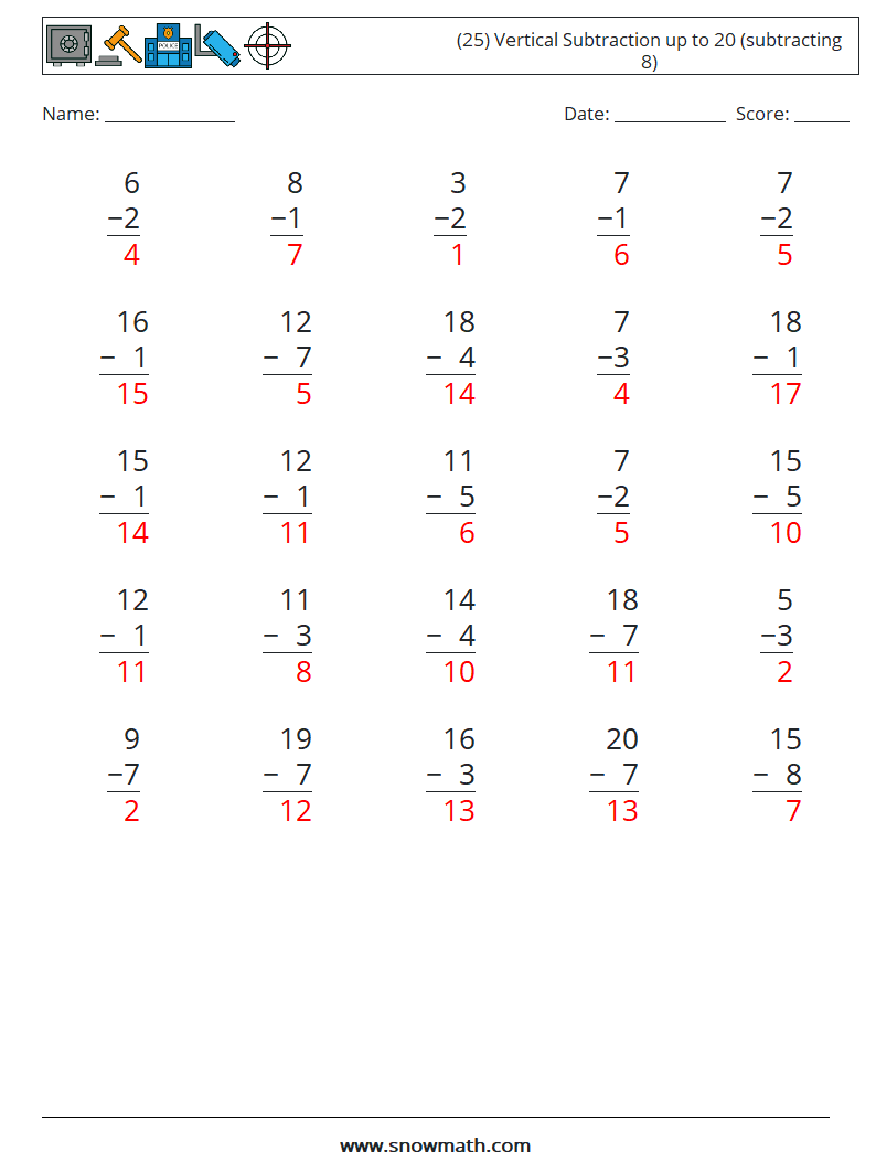 (25) Vertical Subtraction up to 20 (subtracting 8) Math Worksheets 14 Question, Answer