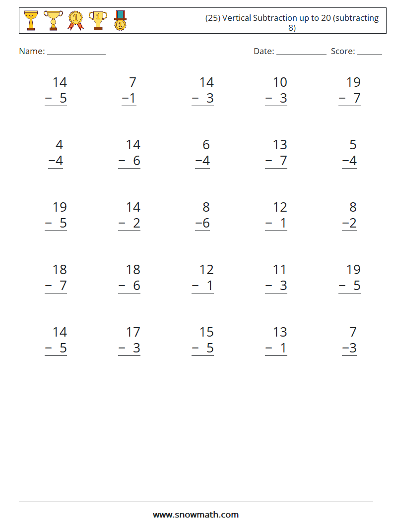 (25) Vertical Subtraction up to 20 (subtracting 8) Maths Worksheets 15