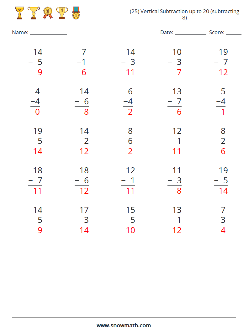 (25) Vertical Subtraction up to 20 (subtracting 8) Math Worksheets 15 Question, Answer