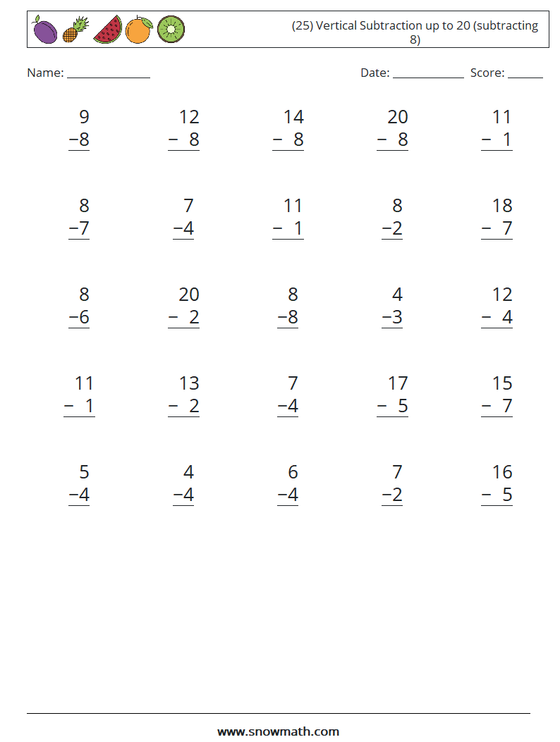 (25) Vertical Subtraction up to 20 (subtracting 8) Math Worksheets 16