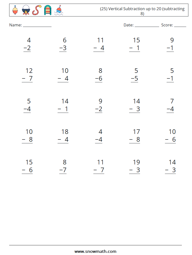 (25) Vertical Subtraction up to 20 (subtracting 8) Math Worksheets 17