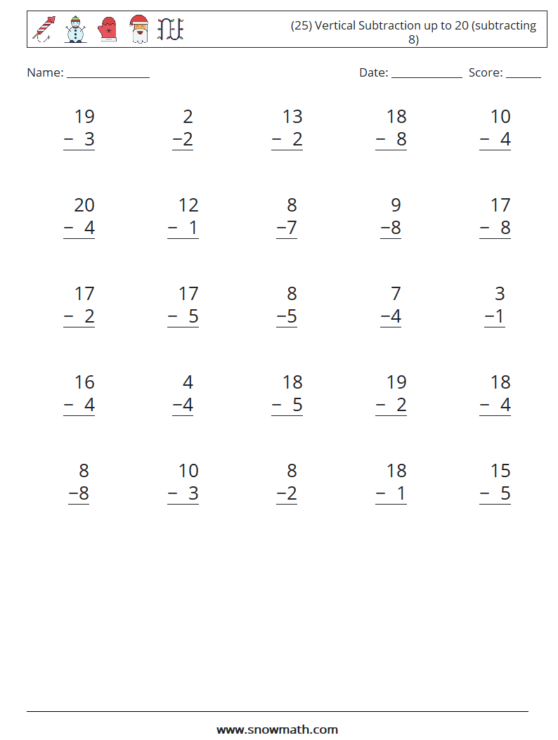 (25) Vertical Subtraction up to 20 (subtracting 8) Math Worksheets 18