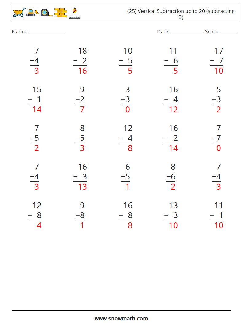 (25) Vertical Subtraction up to 20 (subtracting 8) Math Worksheets 1 Question, Answer