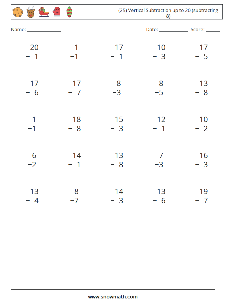 (25) Vertical Subtraction up to 20 (subtracting 8) Math Worksheets 2