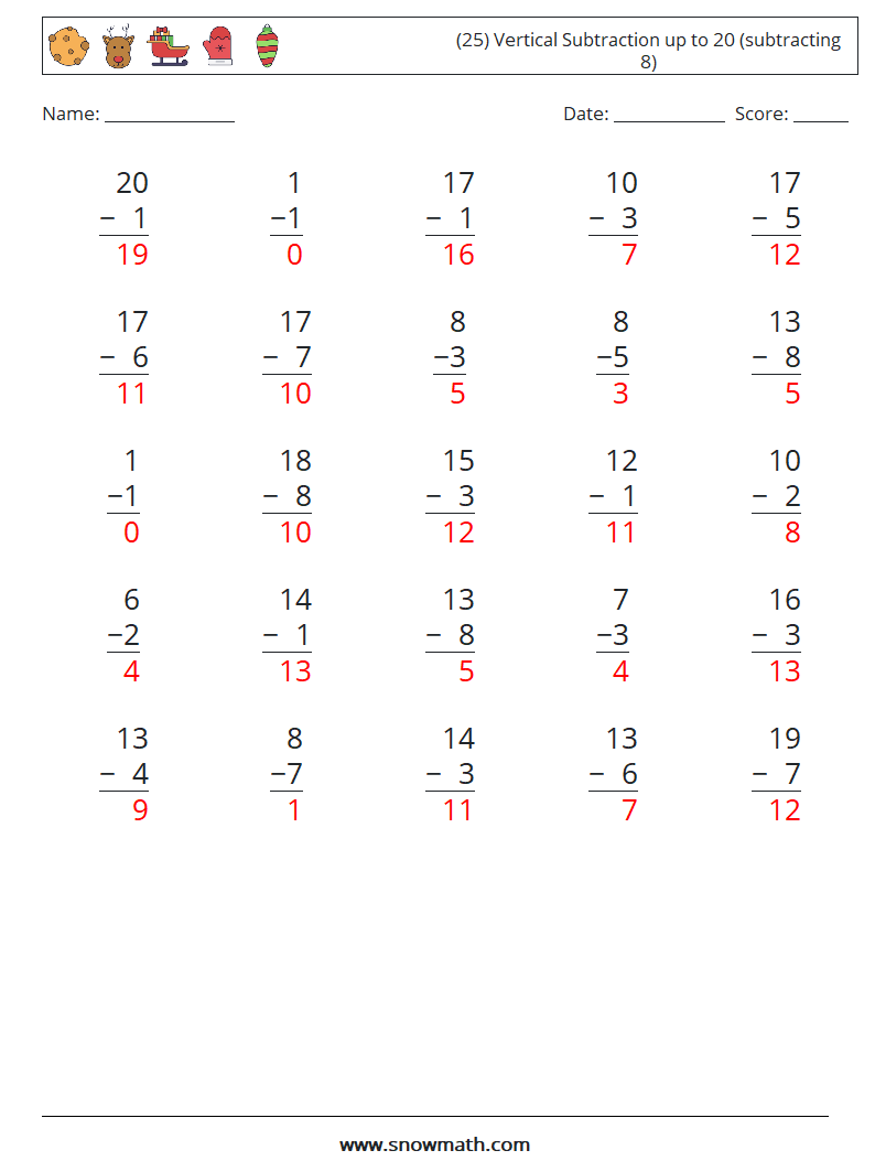 (25) Vertical Subtraction up to 20 (subtracting 8) Math Worksheets 2 Question, Answer