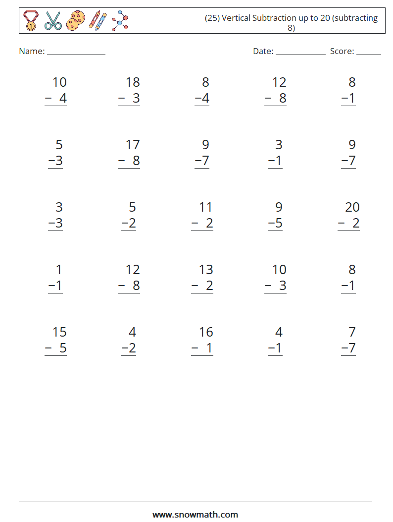 (25) Vertical Subtraction up to 20 (subtracting 8) Maths Worksheets 3