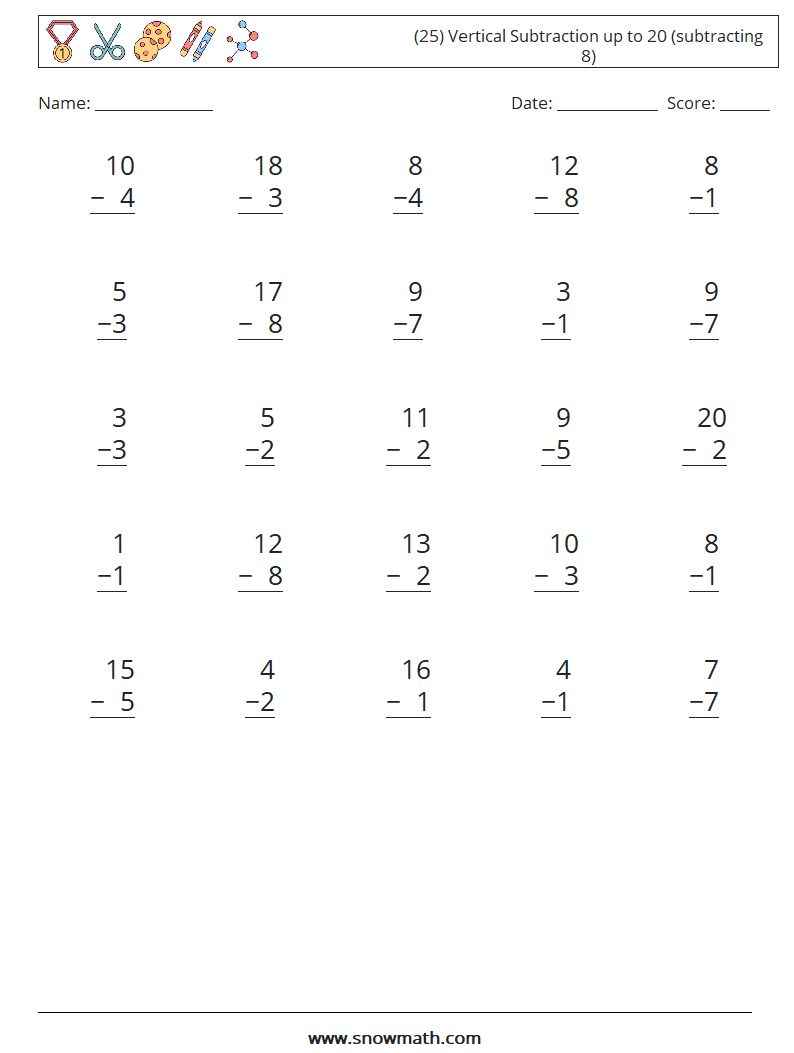 (25) Vertical Subtraction up to 20 (subtracting 8) Math Worksheets 3