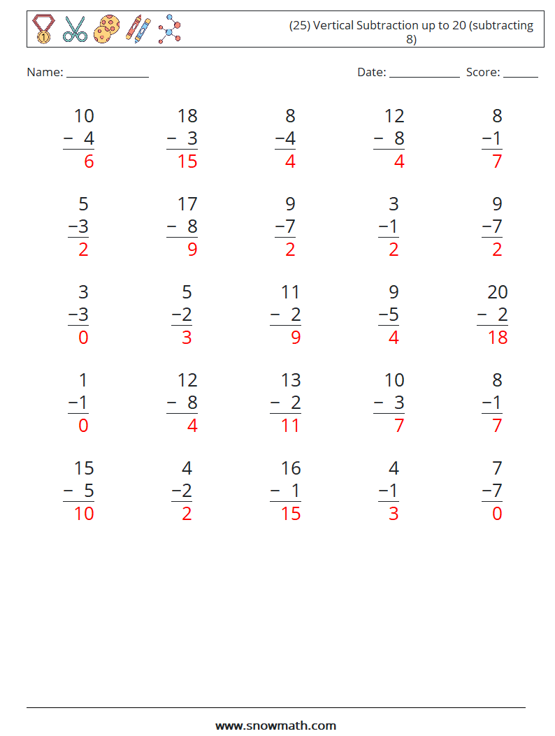 (25) Vertical Subtraction up to 20 (subtracting 8) Math Worksheets 3 Question, Answer