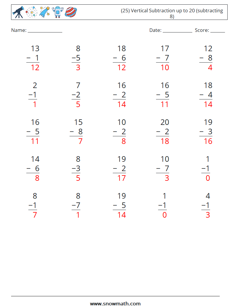 (25) Vertical Subtraction up to 20 (subtracting 8) Math Worksheets 4 Question, Answer