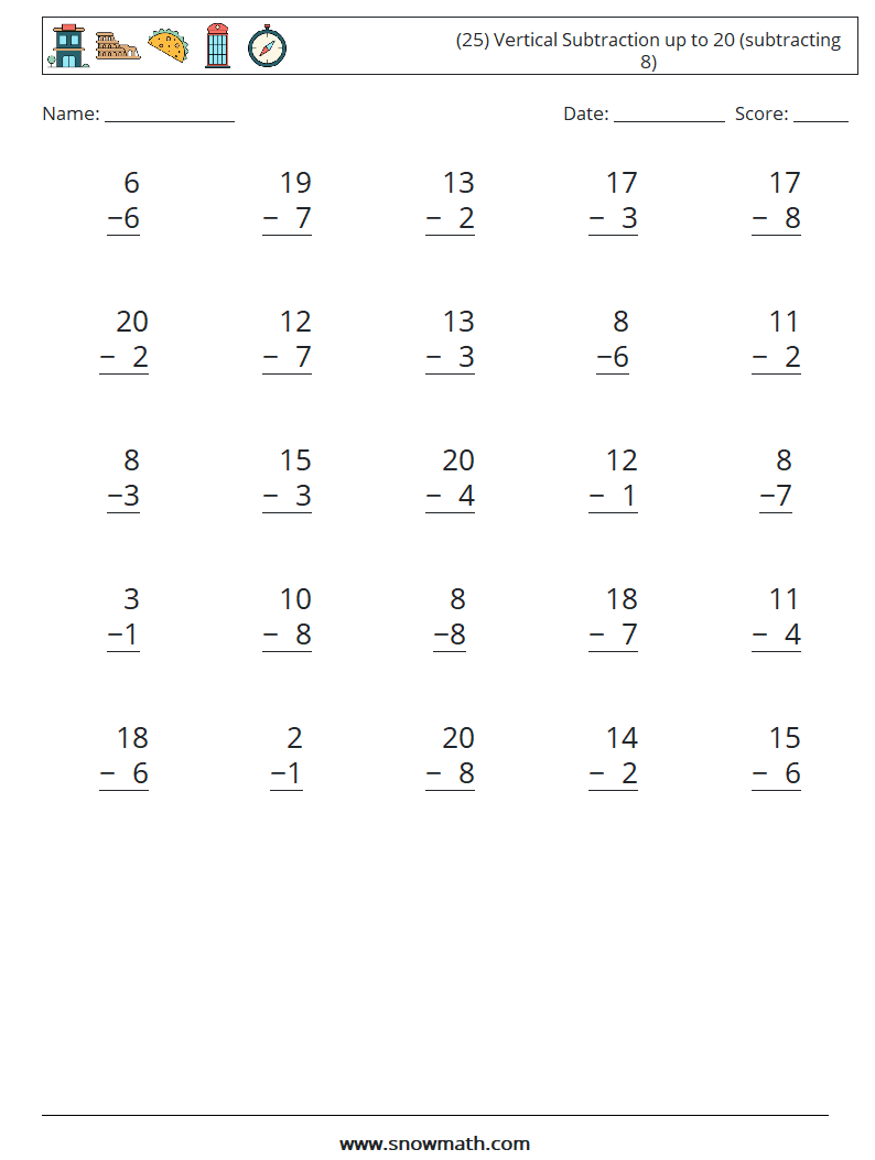 (25) Vertical Subtraction up to 20 (subtracting 8) Math Worksheets 5