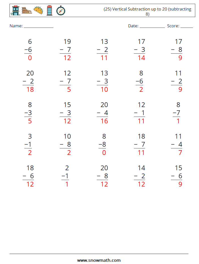 (25) Vertical Subtraction up to 20 (subtracting 8) Math Worksheets 5 Question, Answer