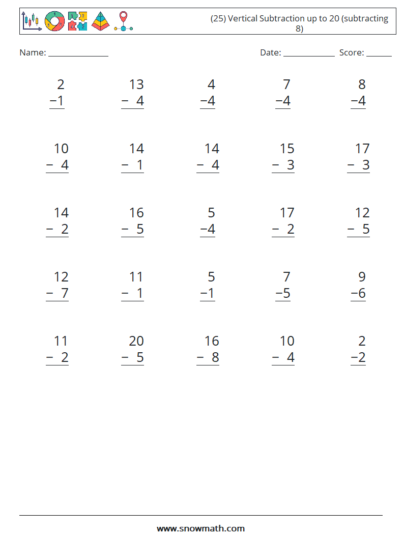 (25) Vertical Subtraction up to 20 (subtracting 8) Math Worksheets 6