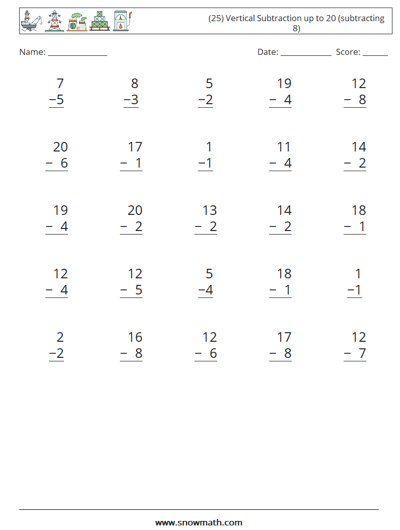 (25) Vertical Subtraction up to 20 (subtracting 8) Maths Worksheets 7