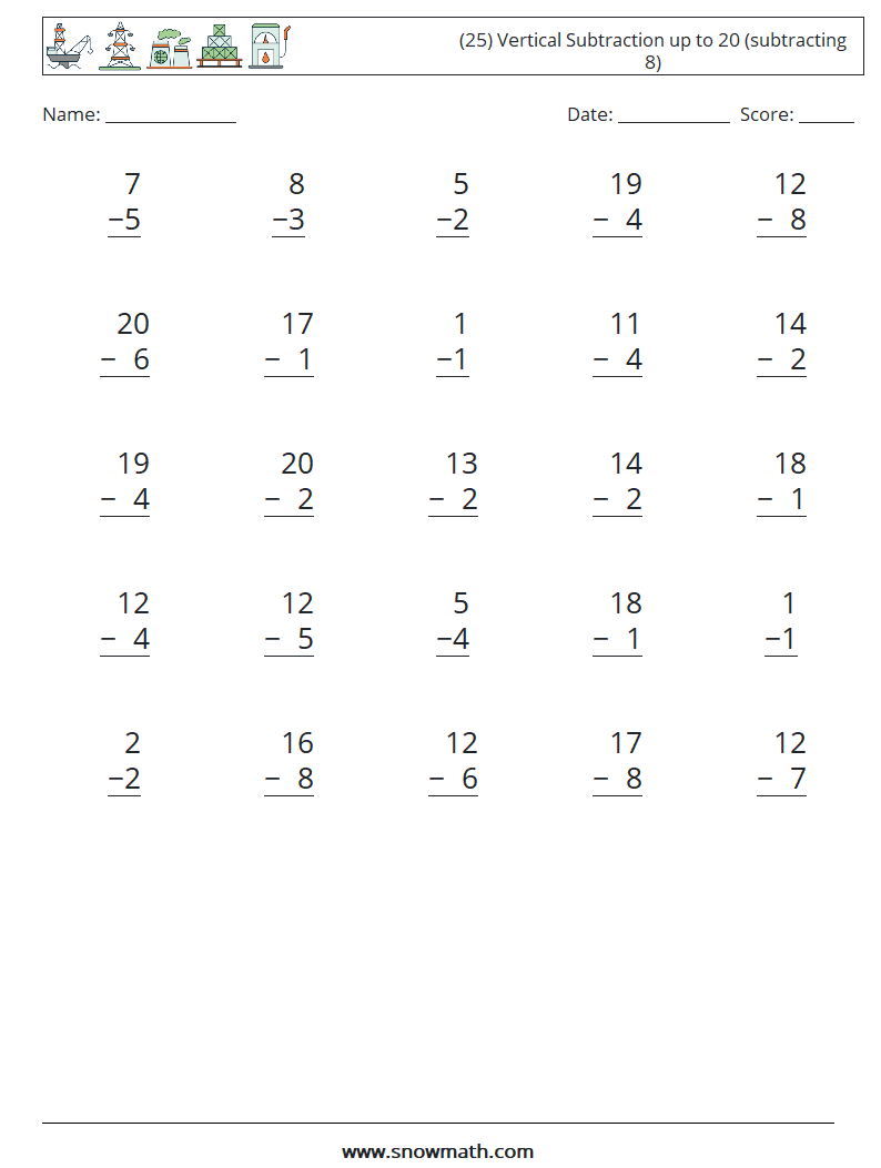 (25) Vertical Subtraction up to 20 (subtracting 8) Math Worksheets 7