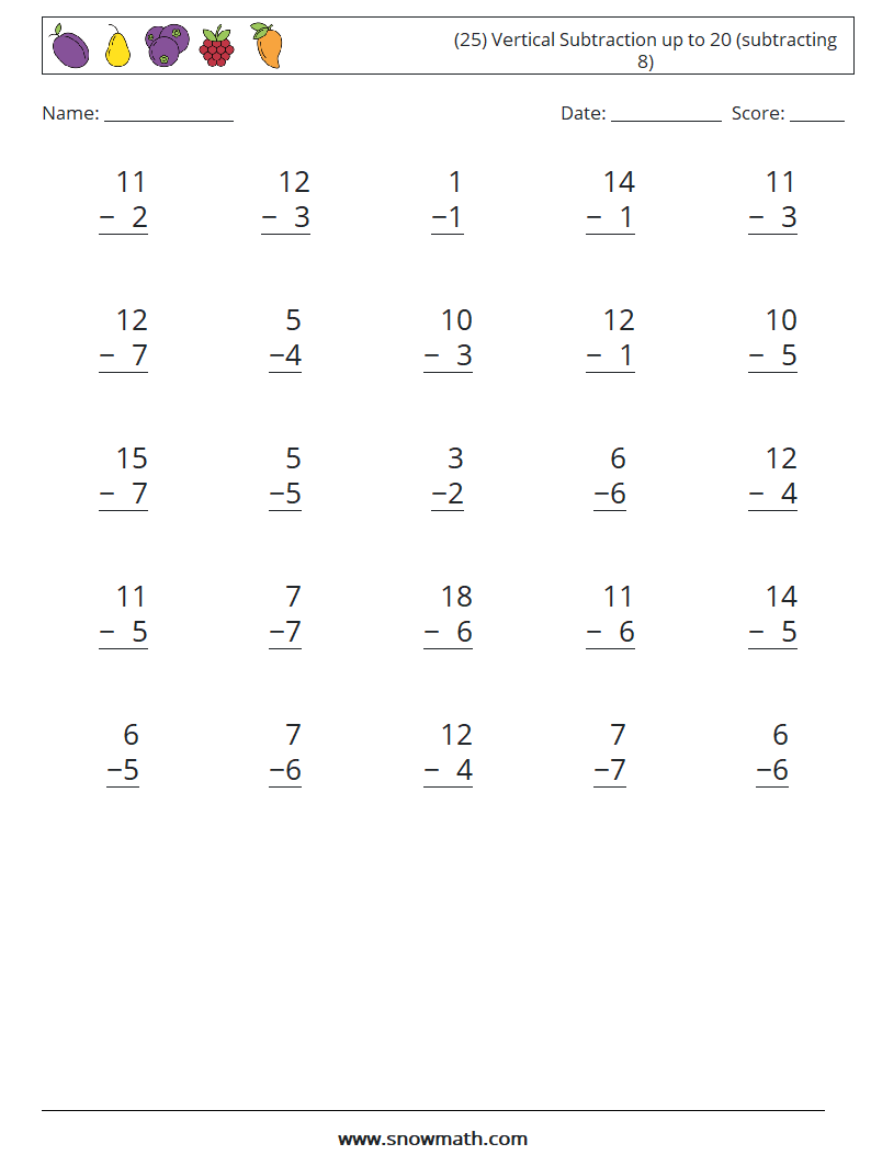 (25) Vertical Subtraction up to 20 (subtracting 8) Maths Worksheets 8