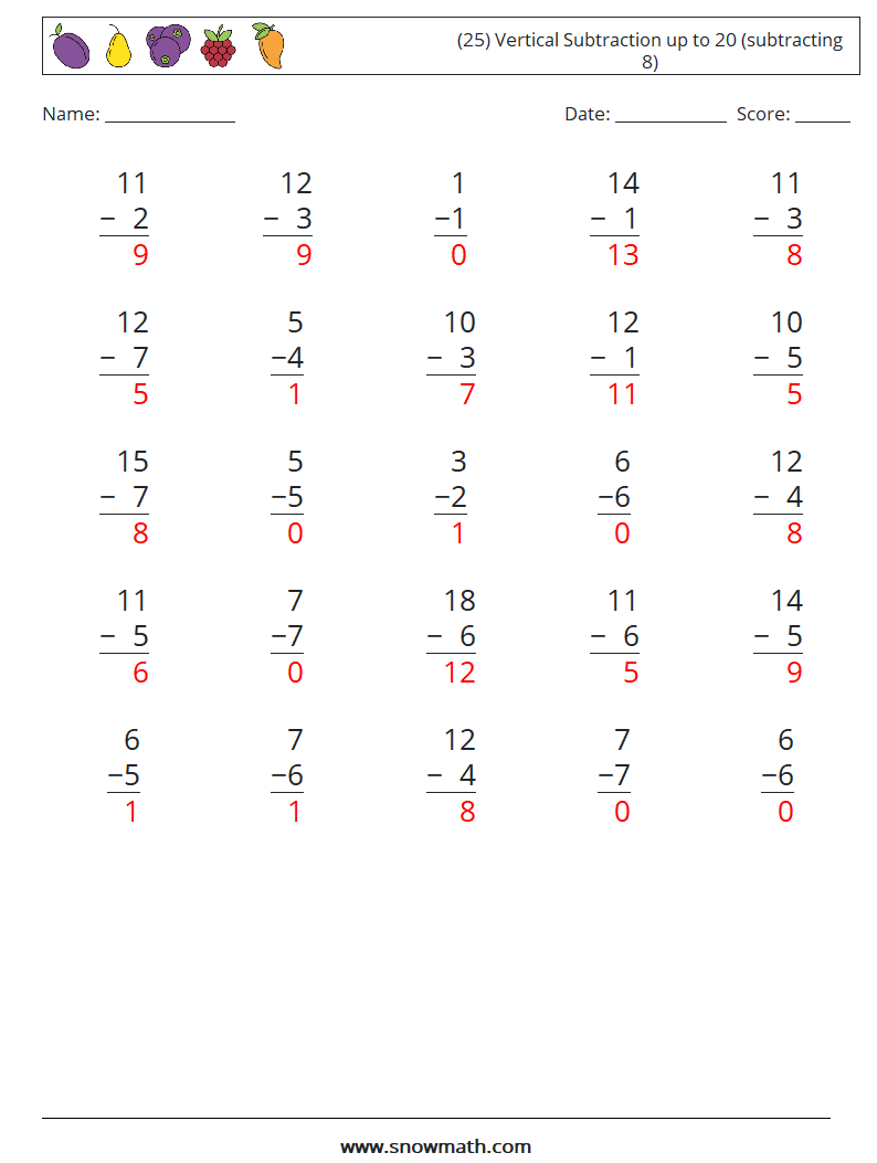 (25) Vertical Subtraction up to 20 (subtracting 8) Math Worksheets 8 Question, Answer