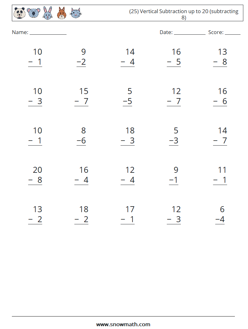 (25) Vertical Subtraction up to 20 (subtracting 8) Maths Worksheets 9