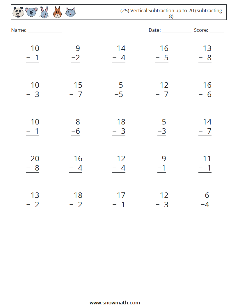 (25) Vertical Subtraction up to 20 (subtracting 8) Math Worksheets 9