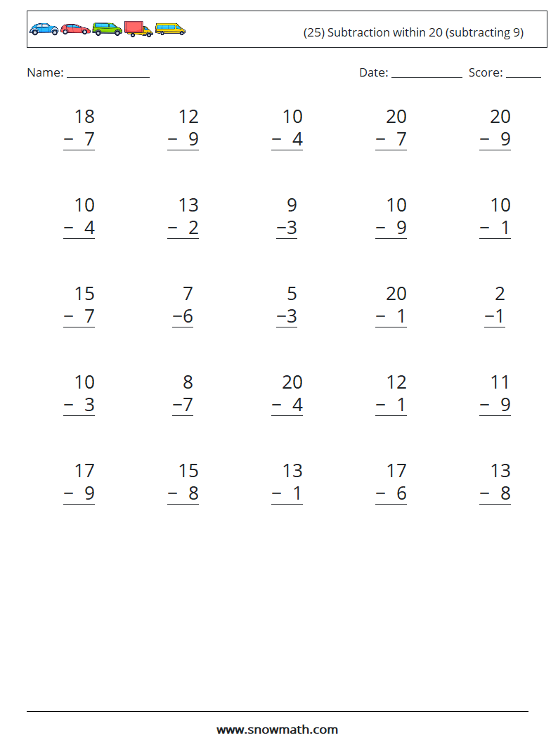 (25) Subtraction within 20 (subtracting 9) Math Worksheets 10