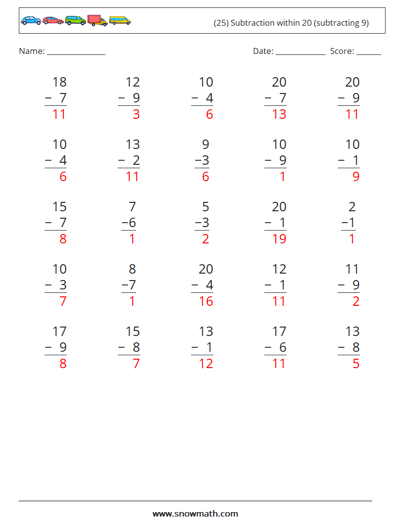 (25) Subtraction within 20 (subtracting 9) Math Worksheets 10 Question, Answer