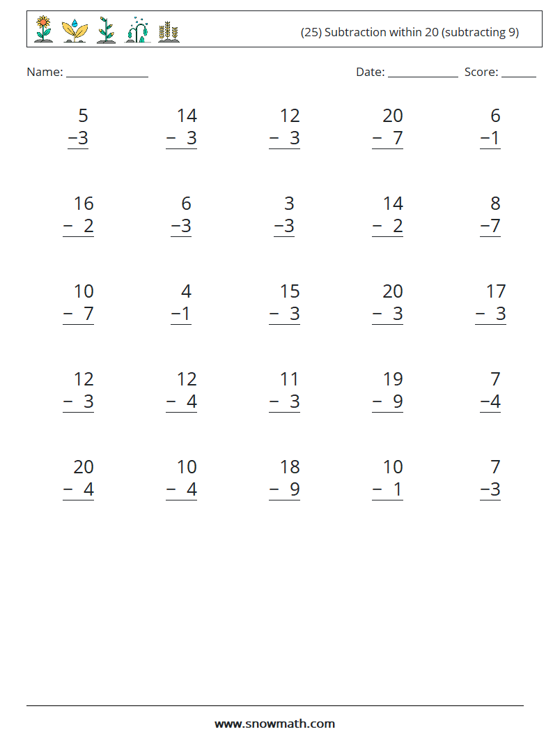 (25) Subtraction within 20 (subtracting 9) Math Worksheets 11
