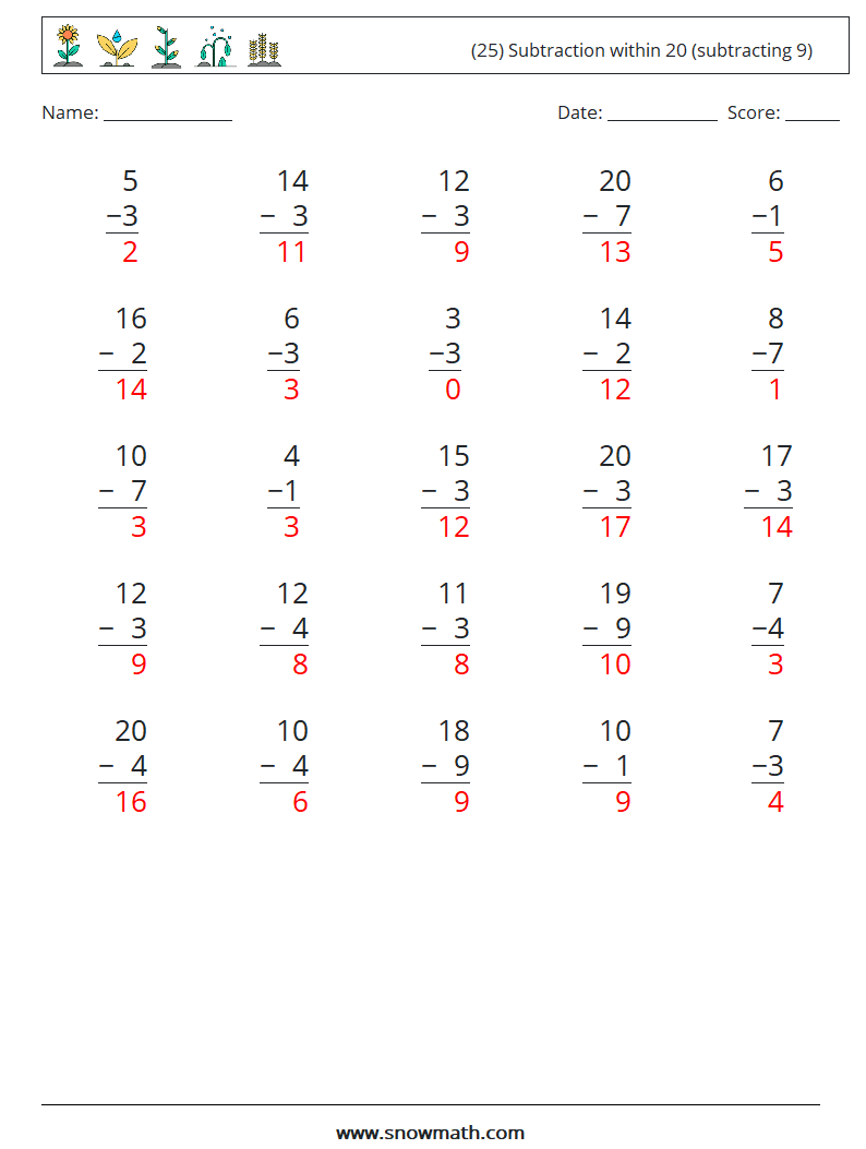 (25) Subtraction within 20 (subtracting 9) Math Worksheets 11 Question, Answer