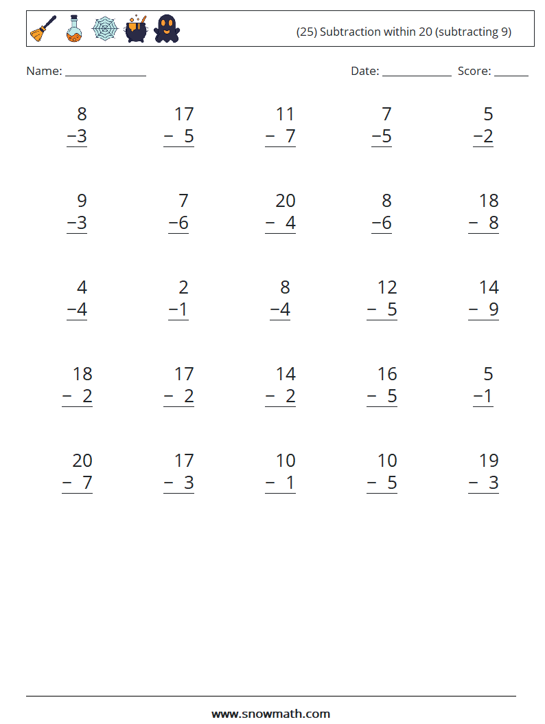 (25) Subtraction within 20 (subtracting 9) Maths Worksheets 12