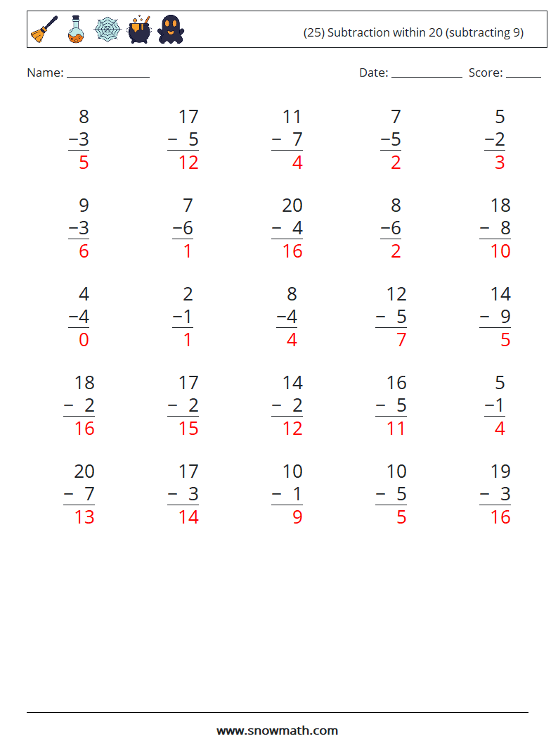 (25) Subtraction within 20 (subtracting 9) Math Worksheets 12 Question, Answer